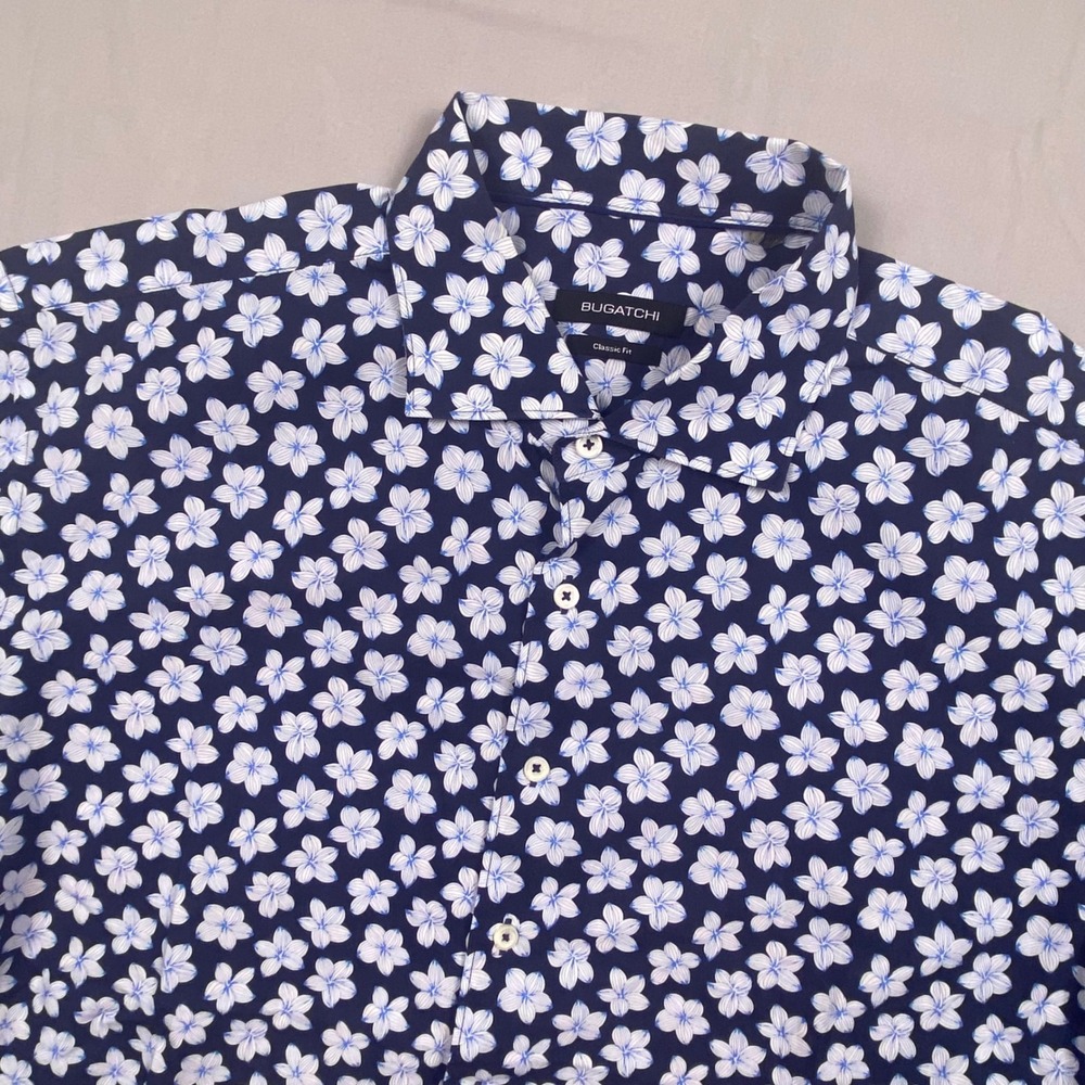 Bugatchi Classic Fit Hawaiian Button Down Shirt Mens XXL 2XL Navy Blue Floral